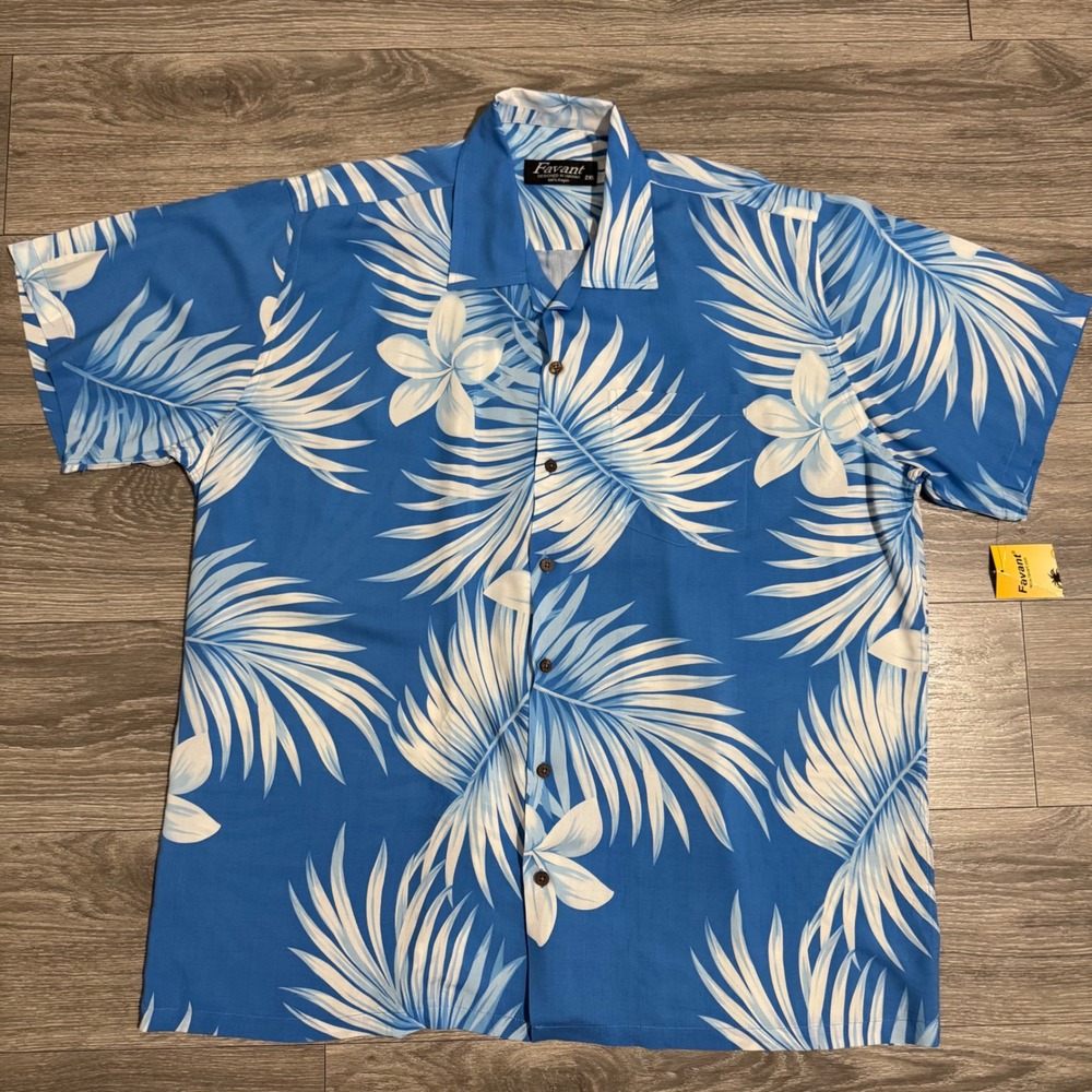 Favant‎ Mens Hawaiian Shirt 2XL Blue White Tropical Palm Hibiscus Vacation